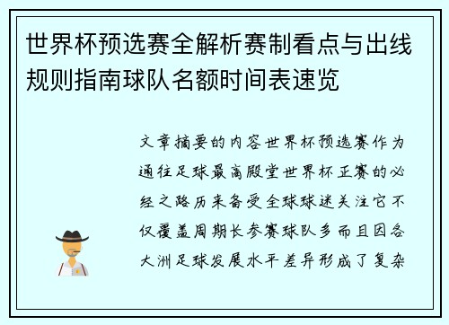 世界杯预选赛全解析赛制看点与出线规则指南球队名额时间表速览
